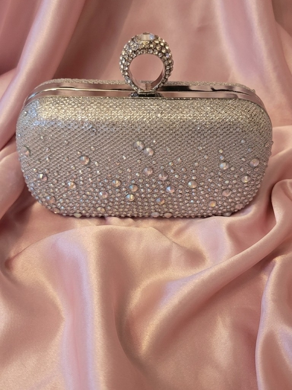 Charming Charlie Silver Crystal Ring-Handle Evening Clutch